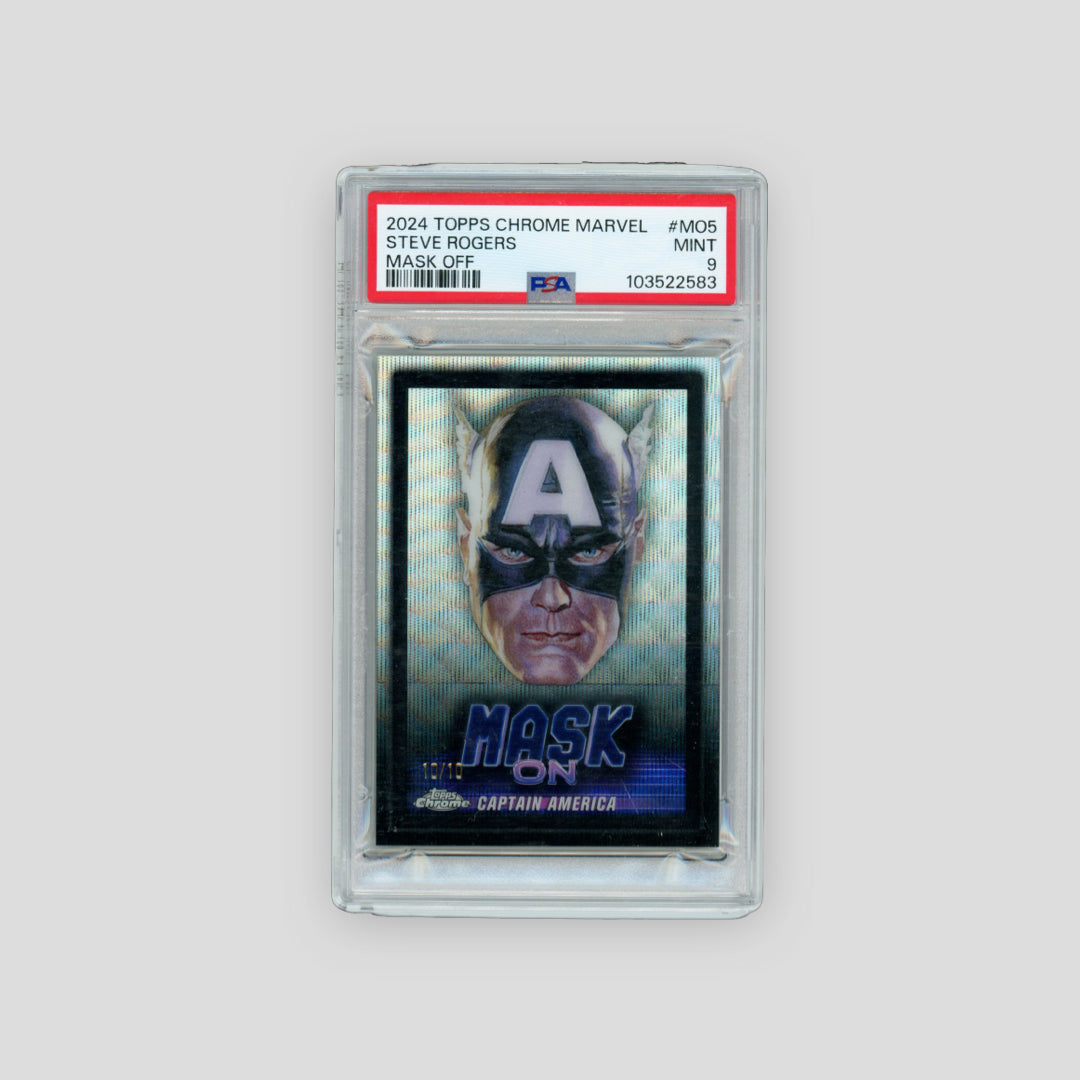 2024 Topps Chrome Marvel Steve Rogers / Captain America Mask Off  Black Wave /10 (PSA 9)